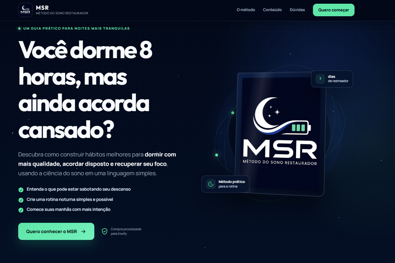 Captura da landing page do e-book MSR com seção principal sobre qualidade do sono.